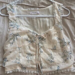 All in Favor Cream and Blue Floral Crop Front Tie Top